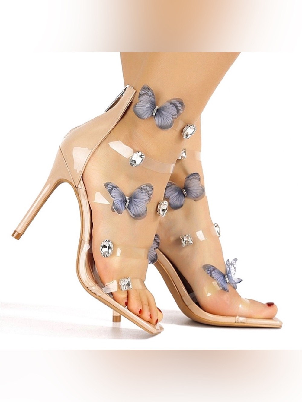 Cape Robbin Nude Clear Butterfly Embellished Heels